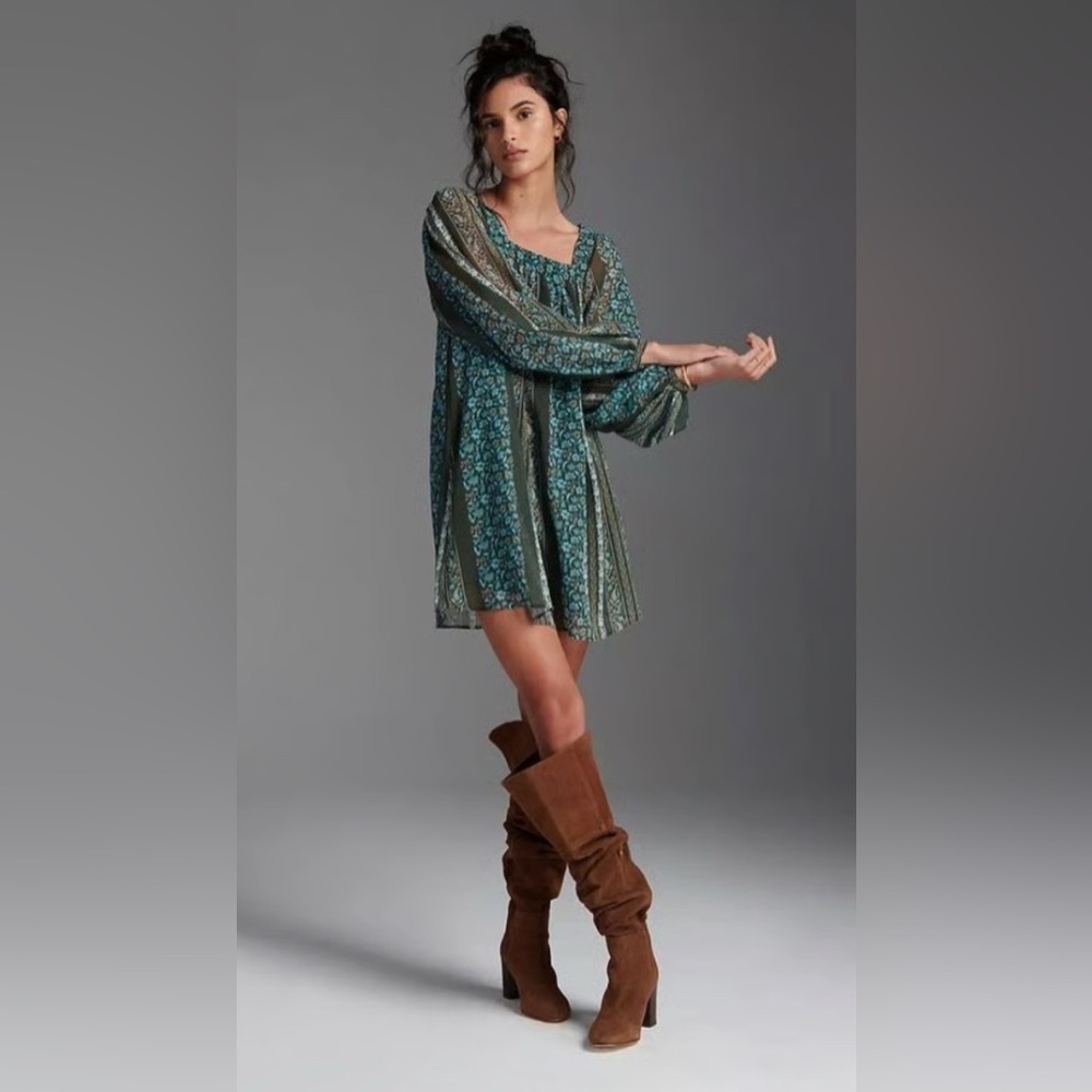 Anthropologie Women’s Blue Green Floral Sona Tunic Mini Dress Size Small - Picture 12 of 12